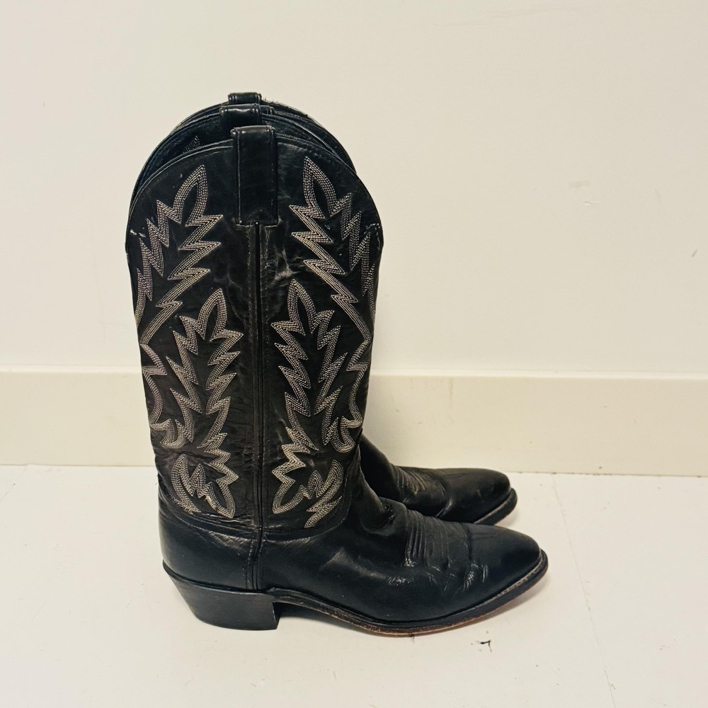 Vintage Boots Mens 9 Black Leather Western Riding Cowboy Embroidered Pointed Toe